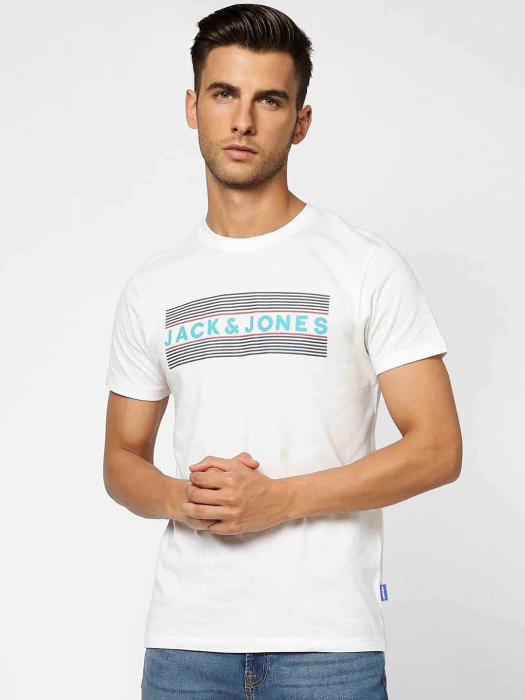 Jack & Jones Men White Typography Printed Cotton Slim Fit T-shirt