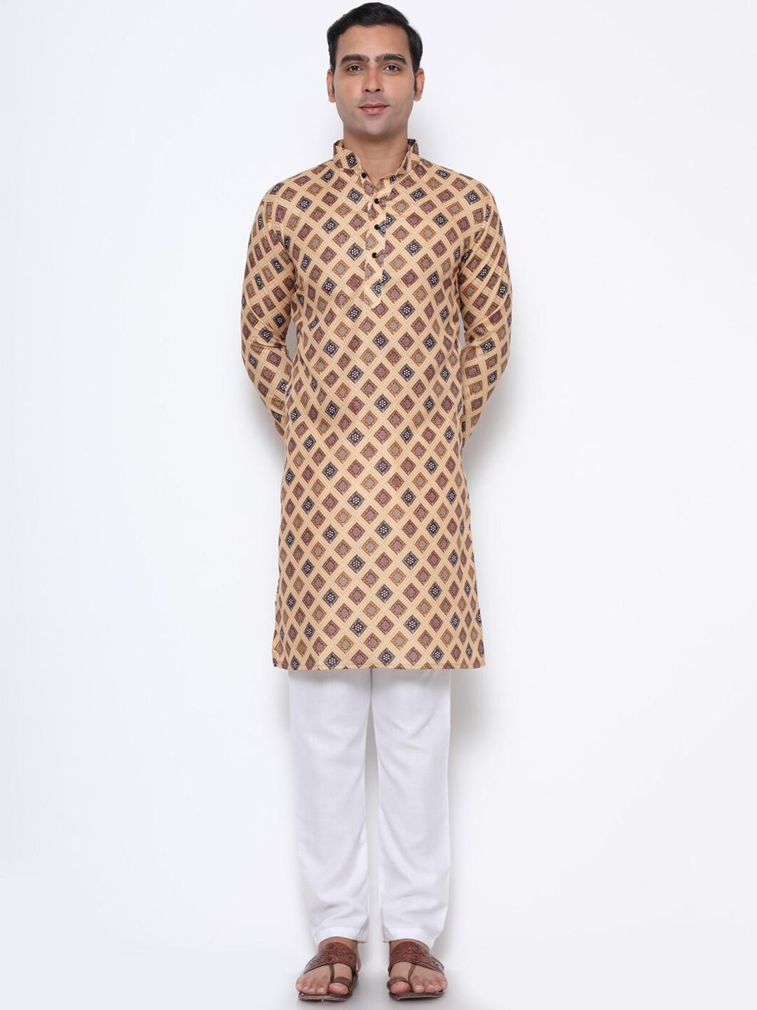 gostyle-men-beige-geometric-printed-pure-cotton-kurta