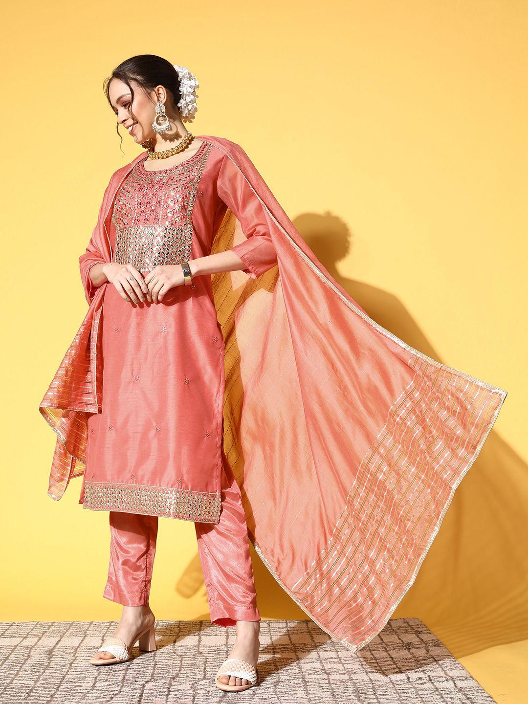 Ishin Women Pink Embroidered Gotta Patti Chanderi Cotton Kurta with Trousers & Dupatta