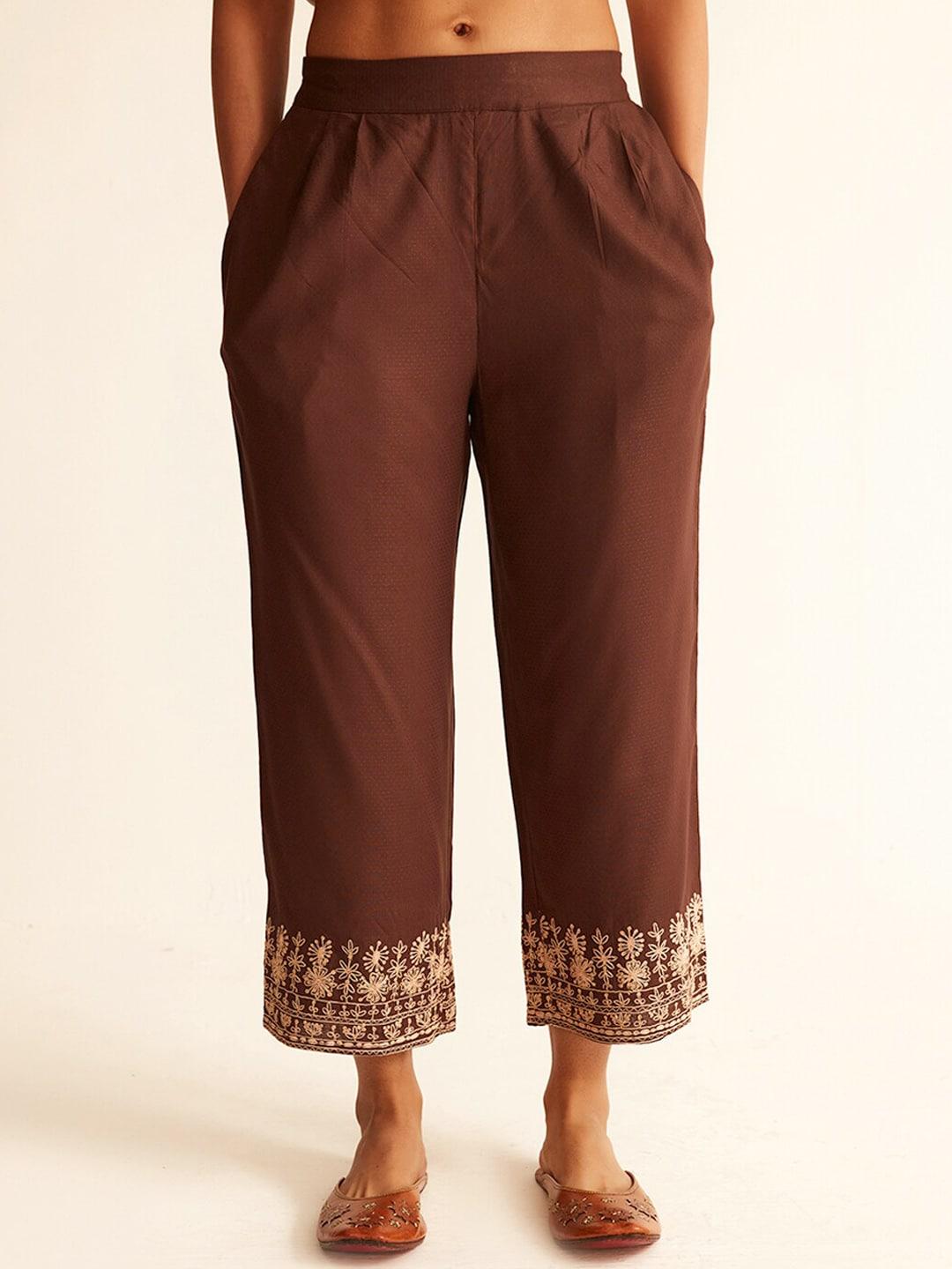 Ancestry Women Brown Printed Smart Trousers