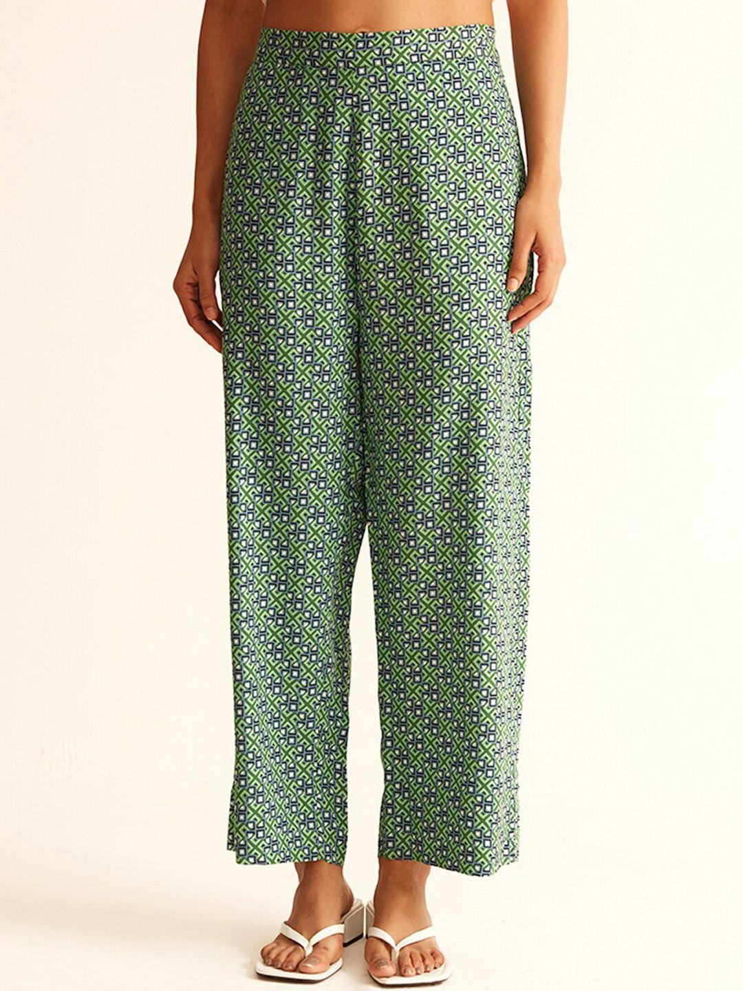 Ancestry Women Green Printed Smart Trousers