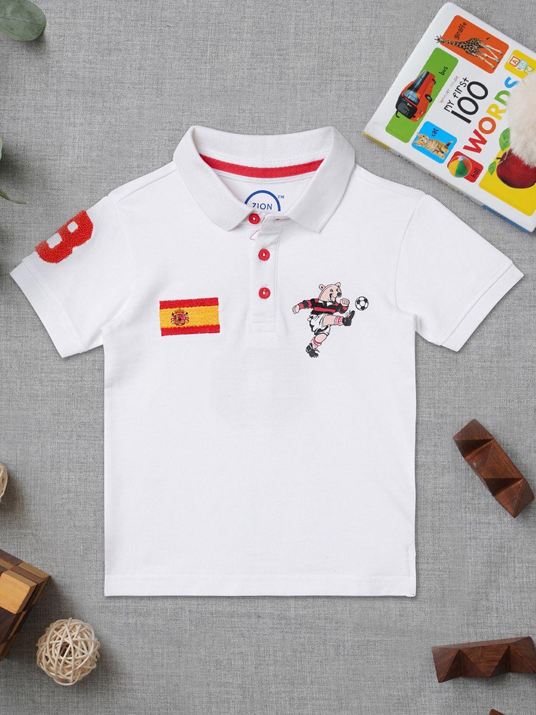 ZION Boys White Printed Polo Collar Cotton Bio Finish T-shirt