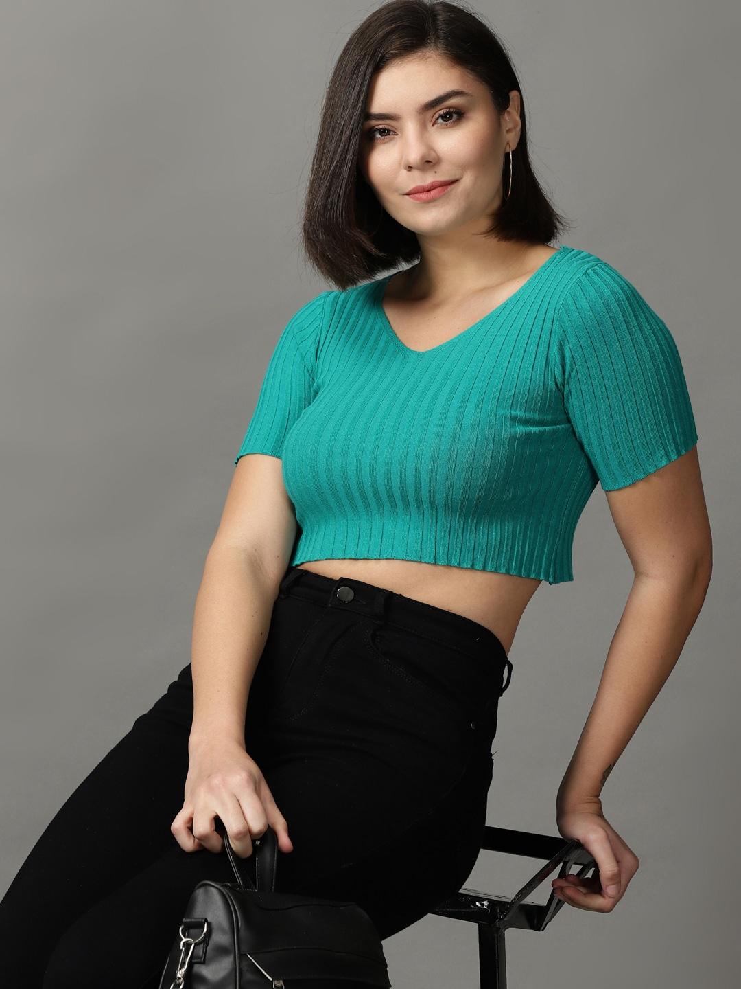 SHOWOFF Teal Green V-Neck Fitted Acrylic Crop Top