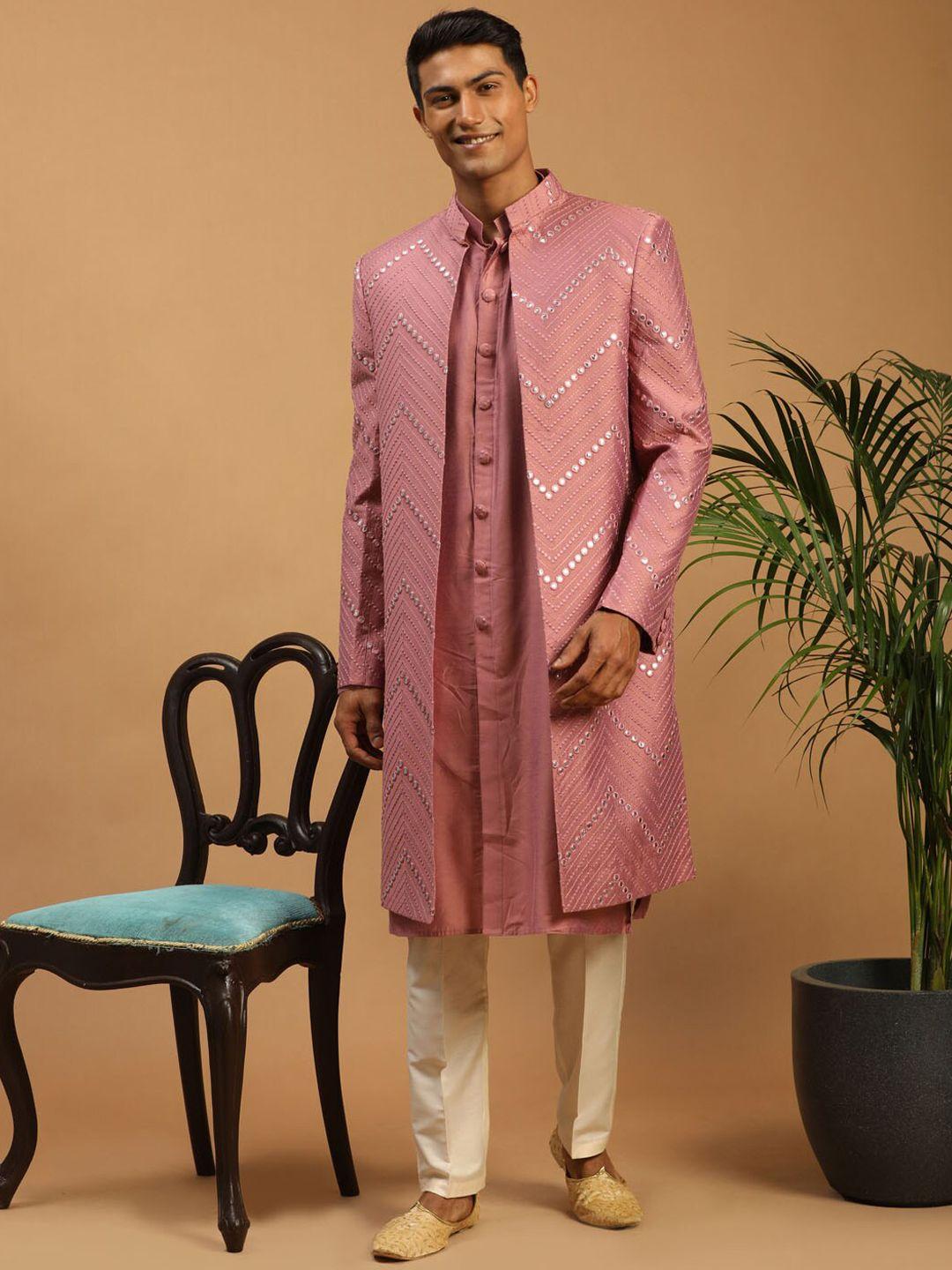 SHRESTHA BY VASTRAMAY Men Pink & Cream-Coloured Mirror Work 3-Pcs Sherwani Set