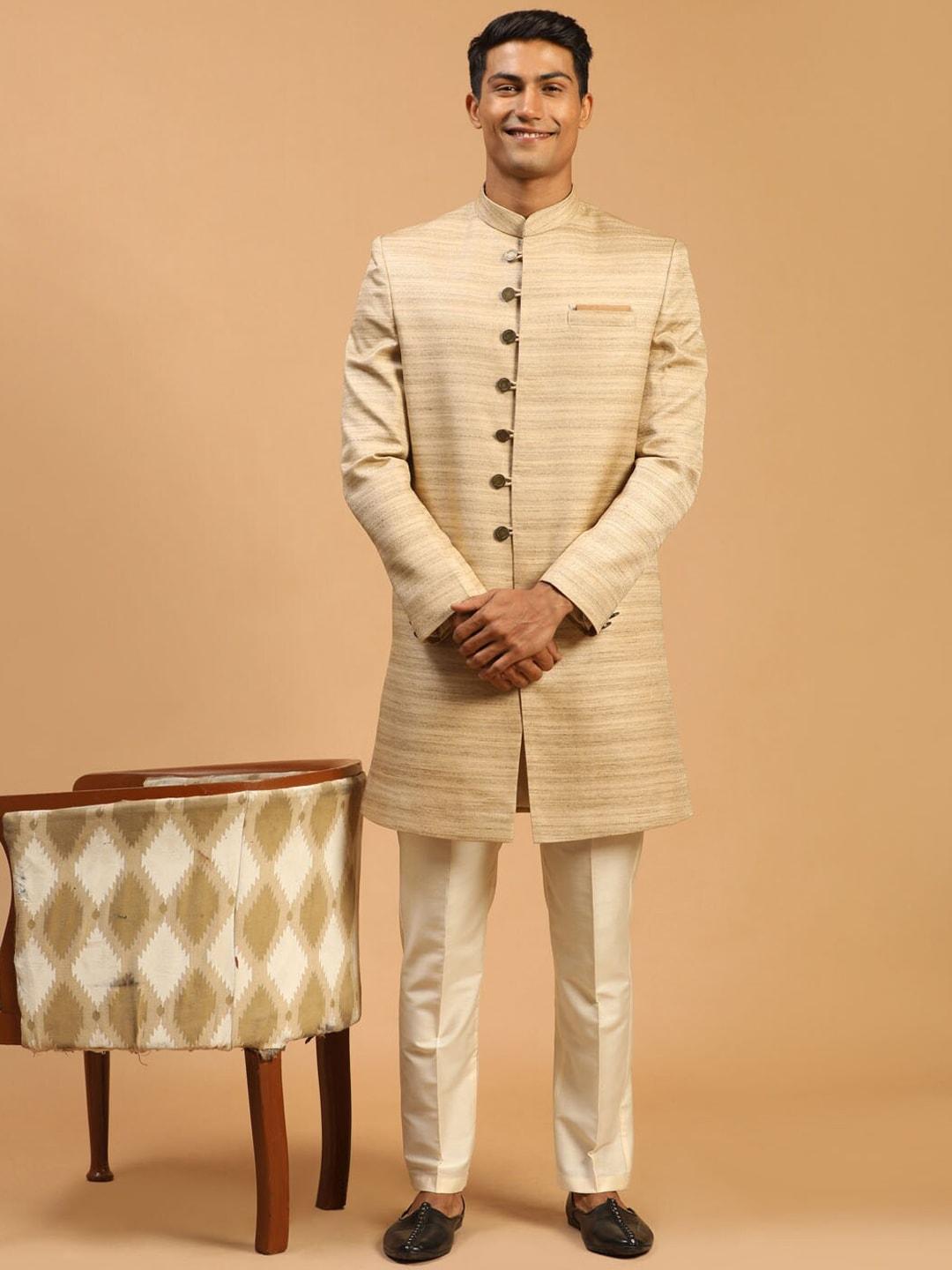 VASTRAMAY Men Beige & Cream-colored Textured Sherwani Set
