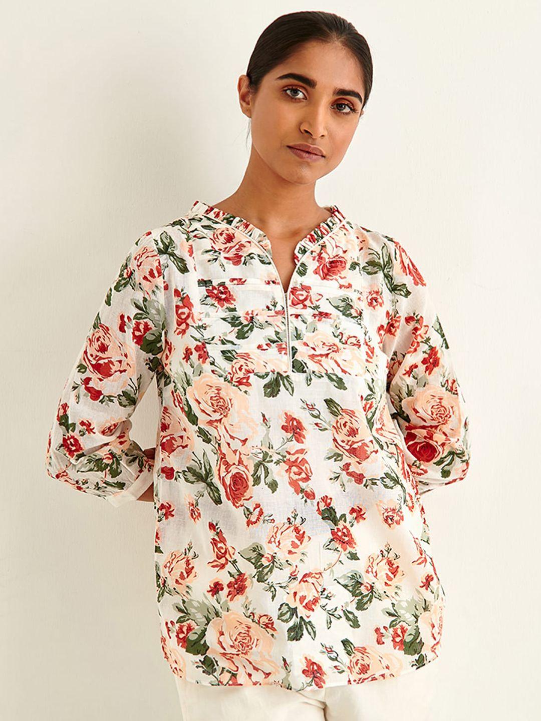 Ancestry Off White Floral Print Mandarin Collar Pure Cotton Top