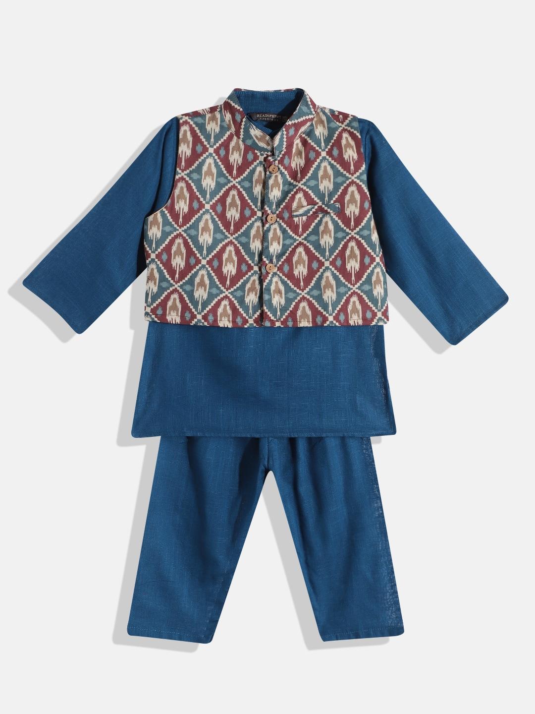 readiprint-fashions-boys-blue-pure-cotton-kurta-with-pyjamas-&-nehru-jacket