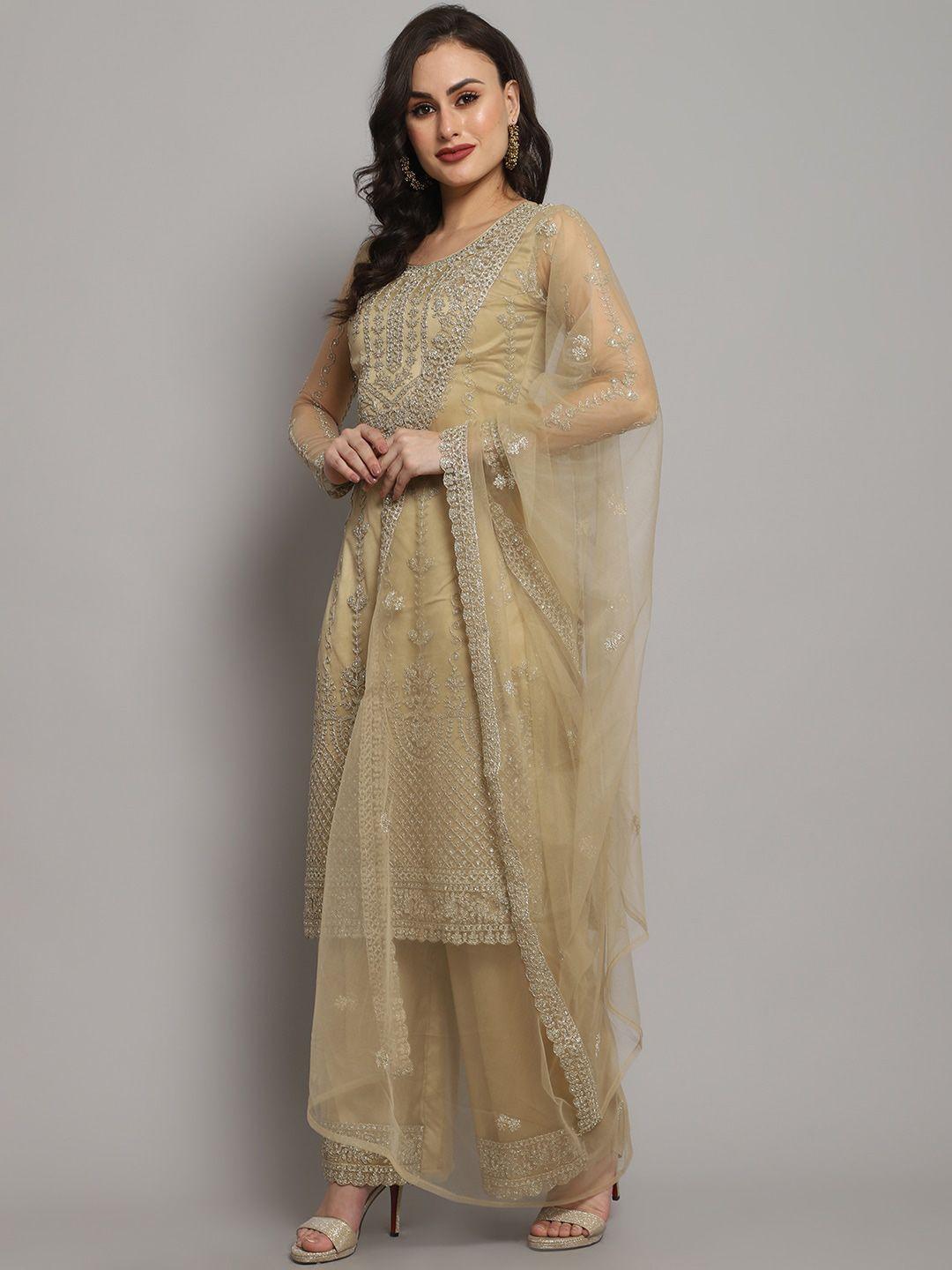 Stylee LIFESTYLE Beige & Silver-Toned Embroidered Unstitched Dress Material