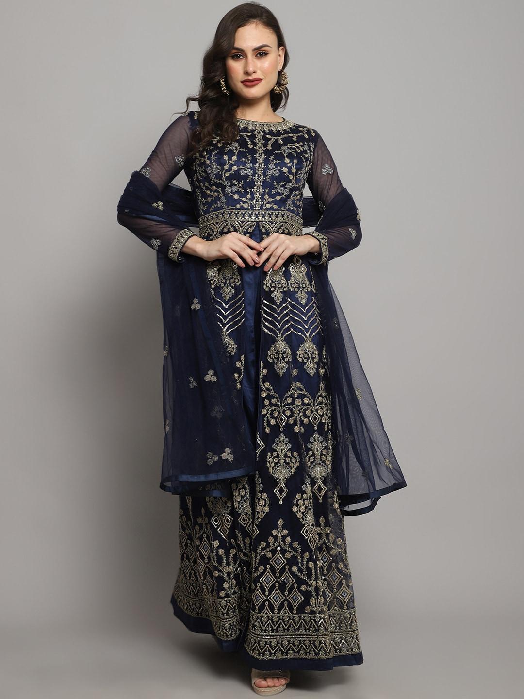 Stylee LIFESTYLE Navy Blue & Gold-Toned Embroidered Semi-Stitched Dress Material