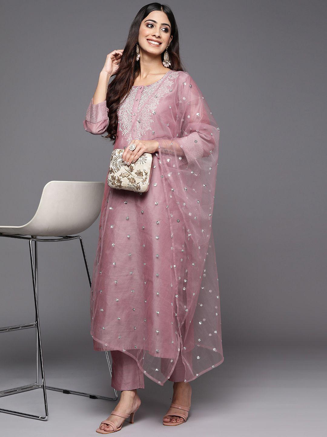 Varanga Women Mauve Floral Yoke Design Chanderi Silk Kurta with Trousers & With Dupatta