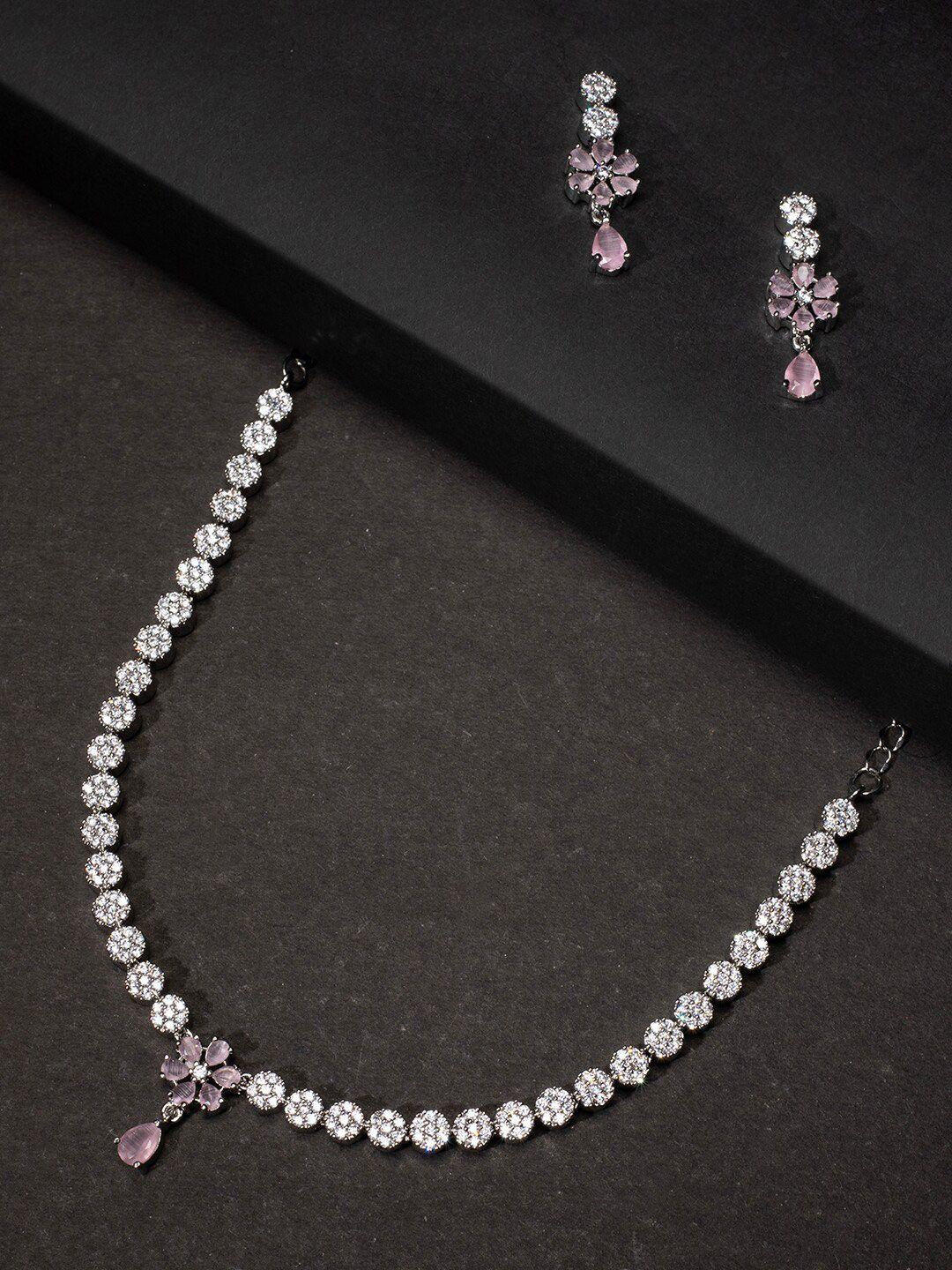 justpeachy Rhodium-Plated Pink AD-Studded Jewellery Set