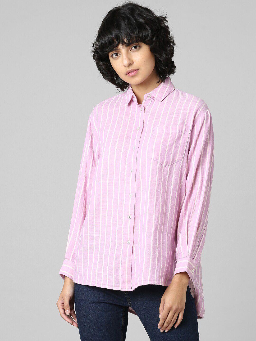 ONLY Women Pink & White Striped Cotton Casual Shirt