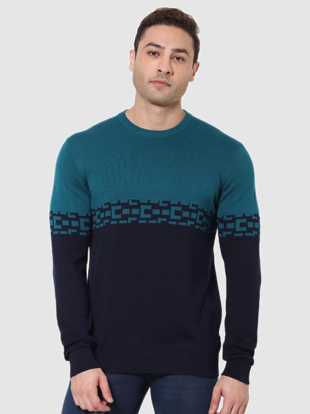 celio-men-navy-blue-&-blue-colourblocked-cotton-pullover