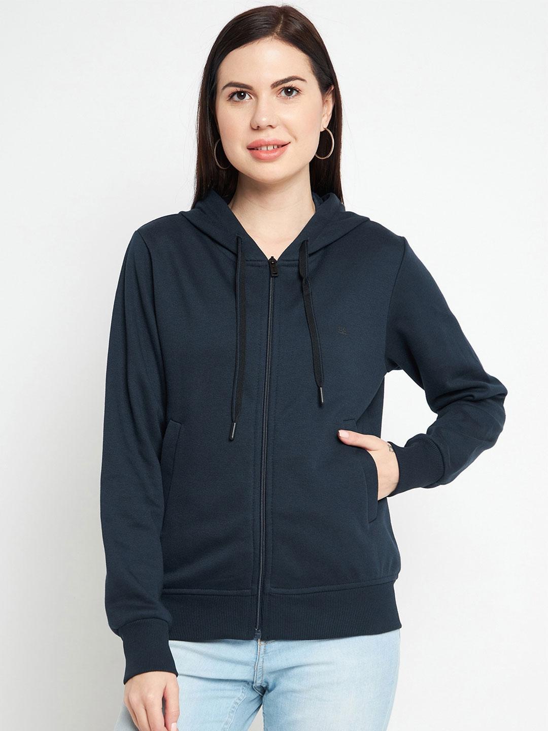 Okane Women Navy Blue Cotton Hooded Sweatshirt