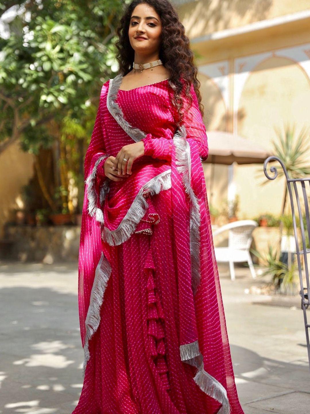 OneWe Pink & Silver-Toned Printed Ready to Wear Lehenga & Blouse With Dupatta