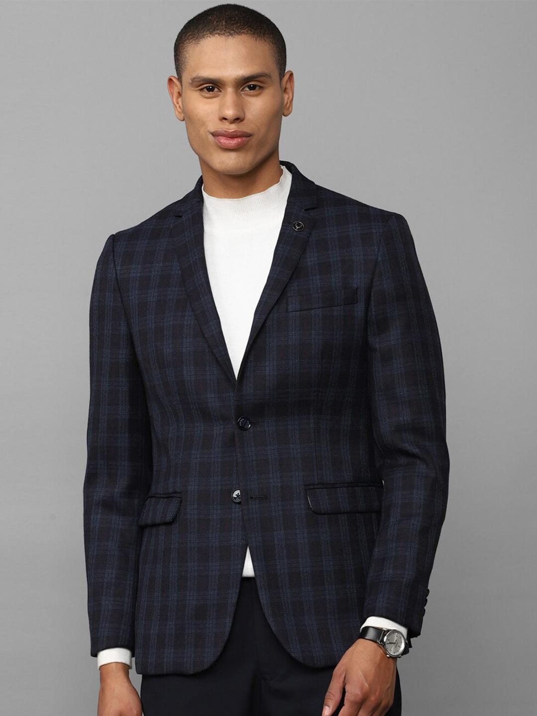 Allen Solly Men Navy Blue Checked Single-Breasted Pure Wool Blazer