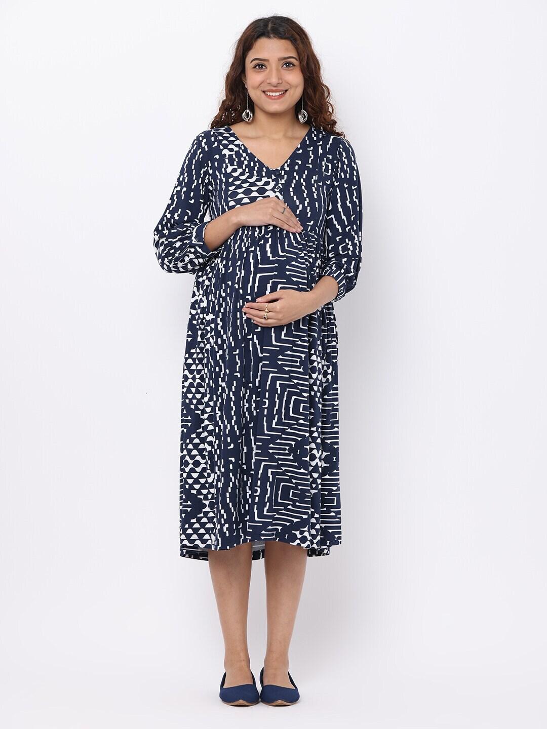 The Mom Store Navy Blue & White Abstract Printed Maternity Midi Dress