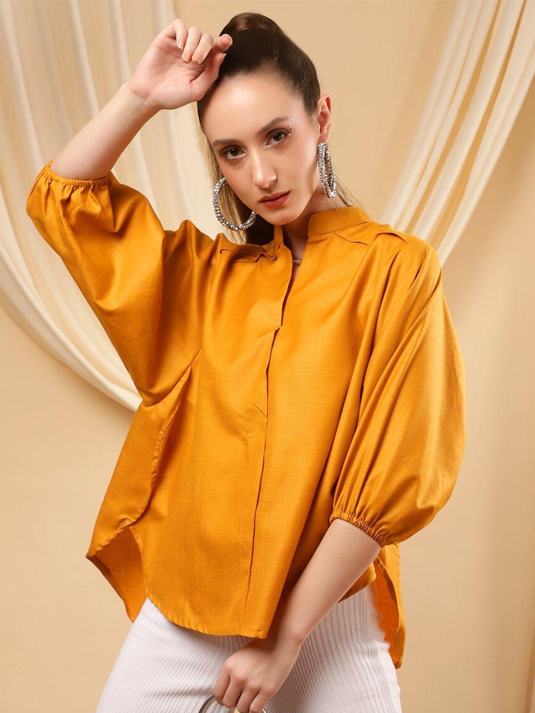bani-women-mustard-yellow-mandarin-collar-high-low-top