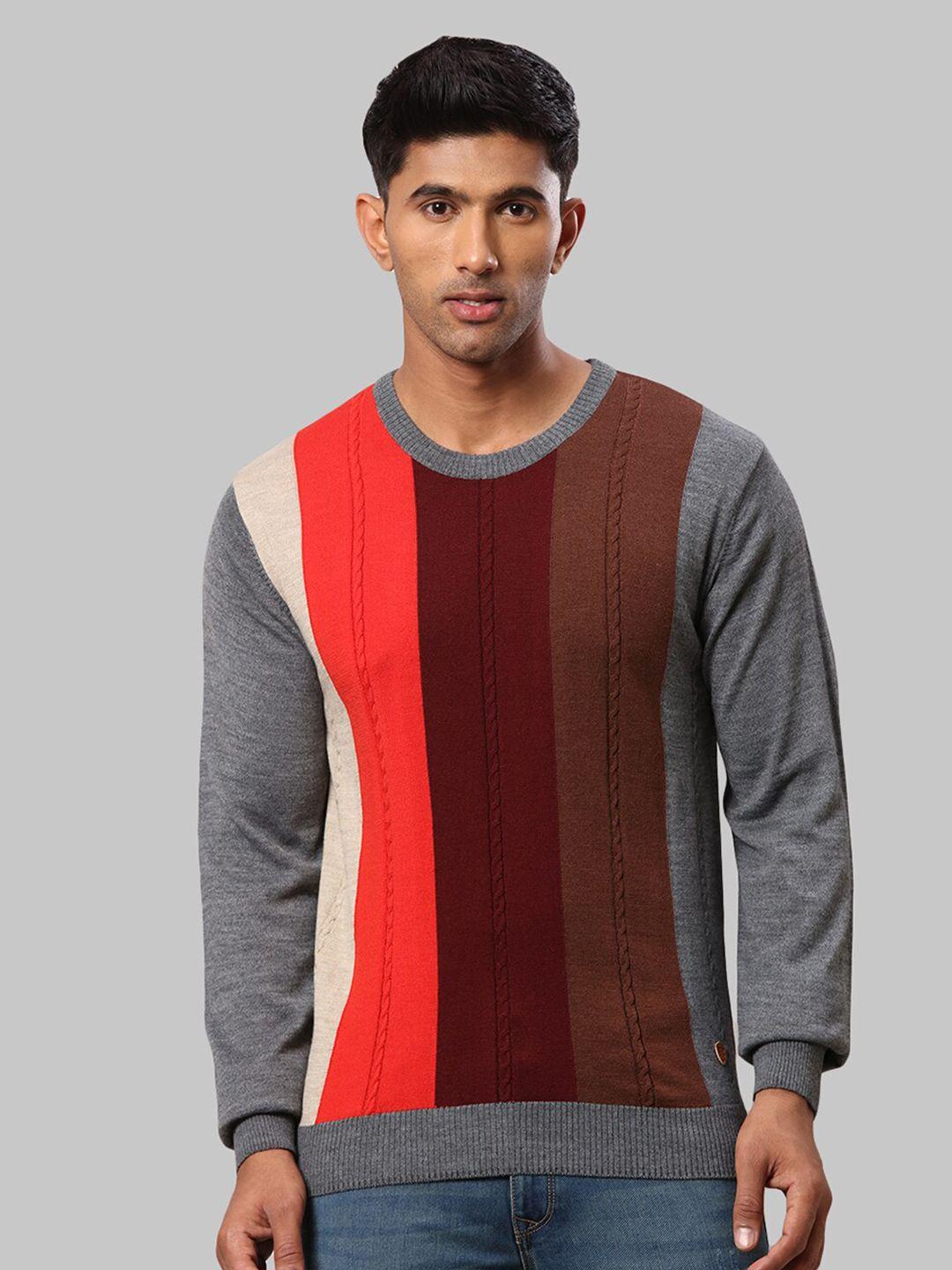 raymond-men-grey-&-orange-striped-pullover-sweater
