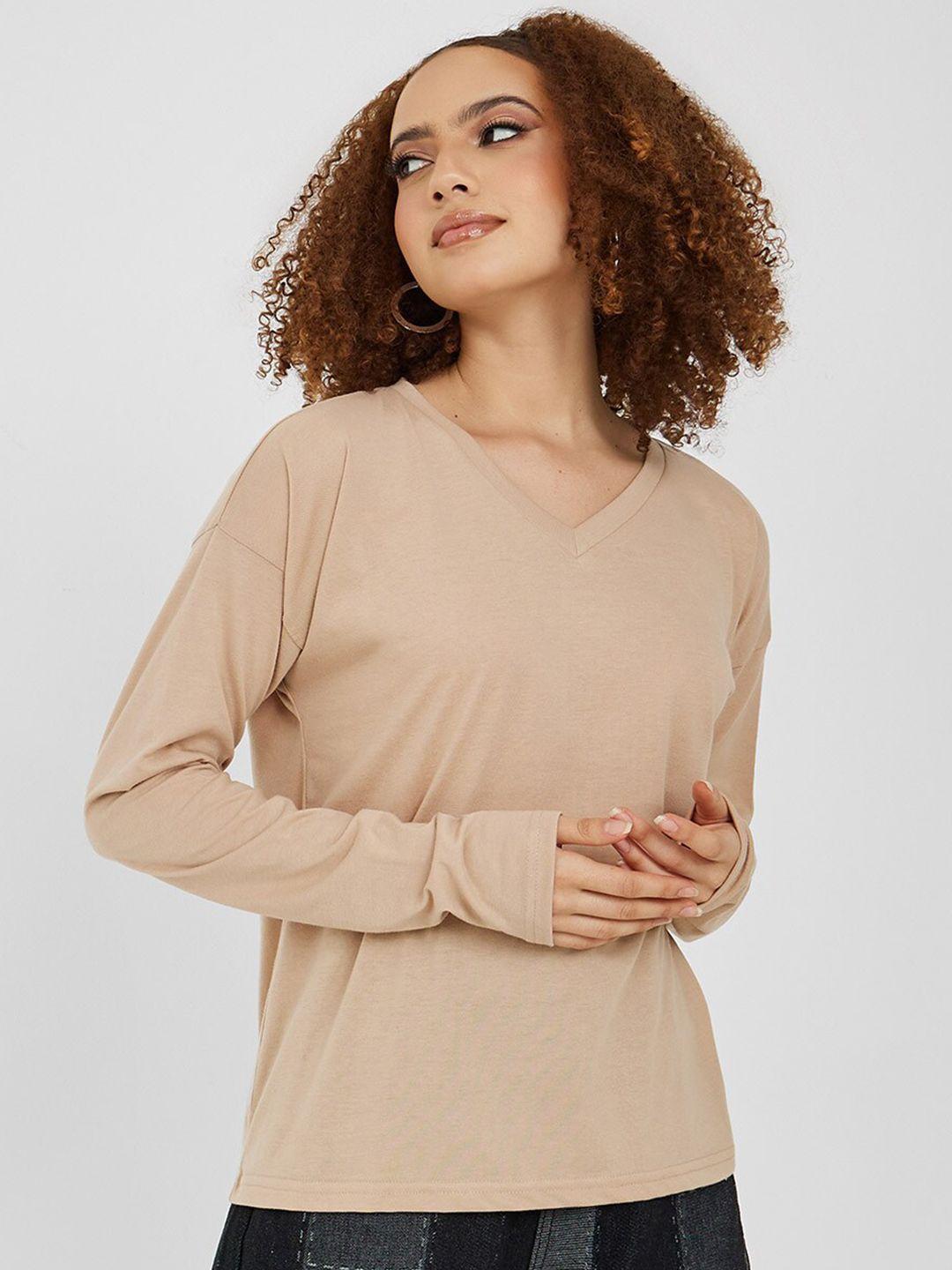 styli-women-beige-v-neck-drop-shoulder-sleeves-cotton-t-shirt