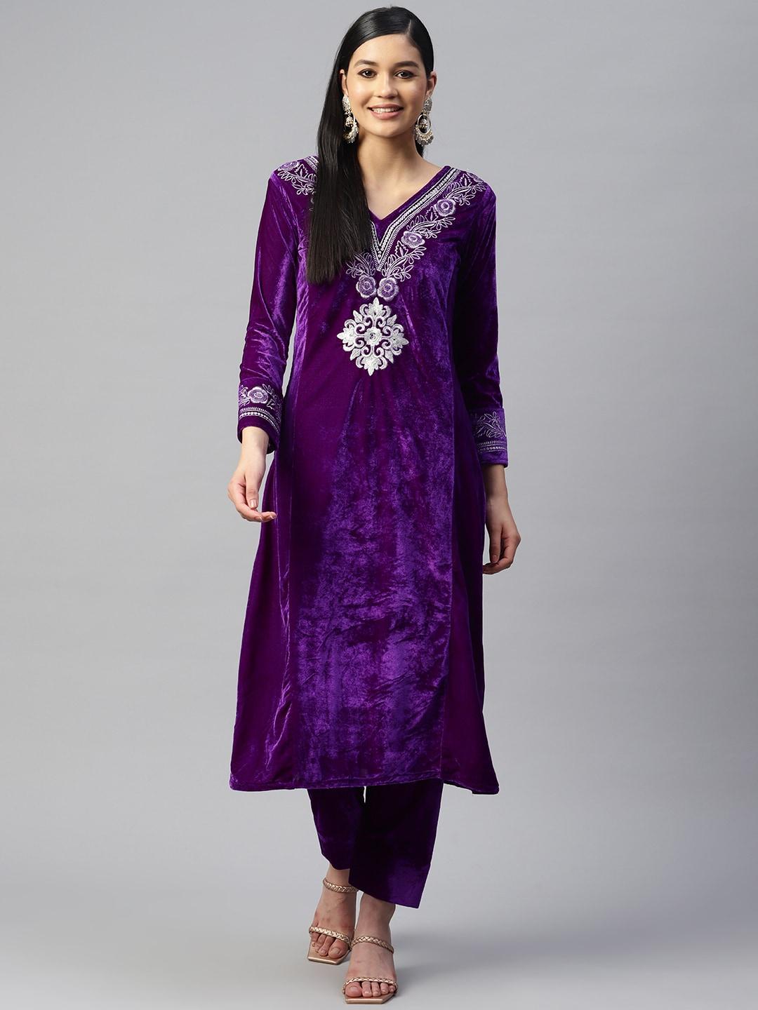 SHADES Women Floral Embroidered Velvet Kurta with Trousers
