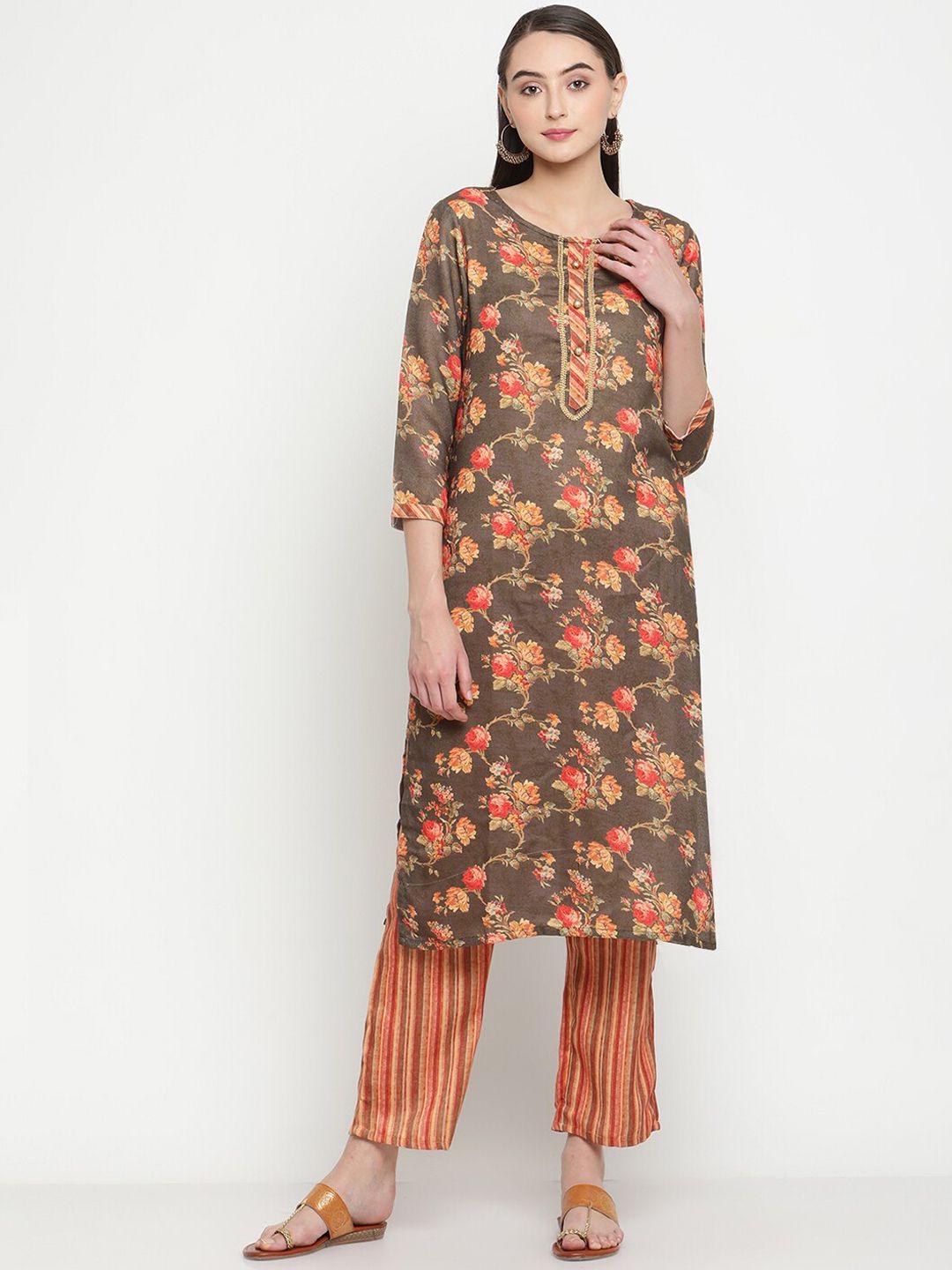 Be Indi Women Brown Floral Printed Kurta with Trousers