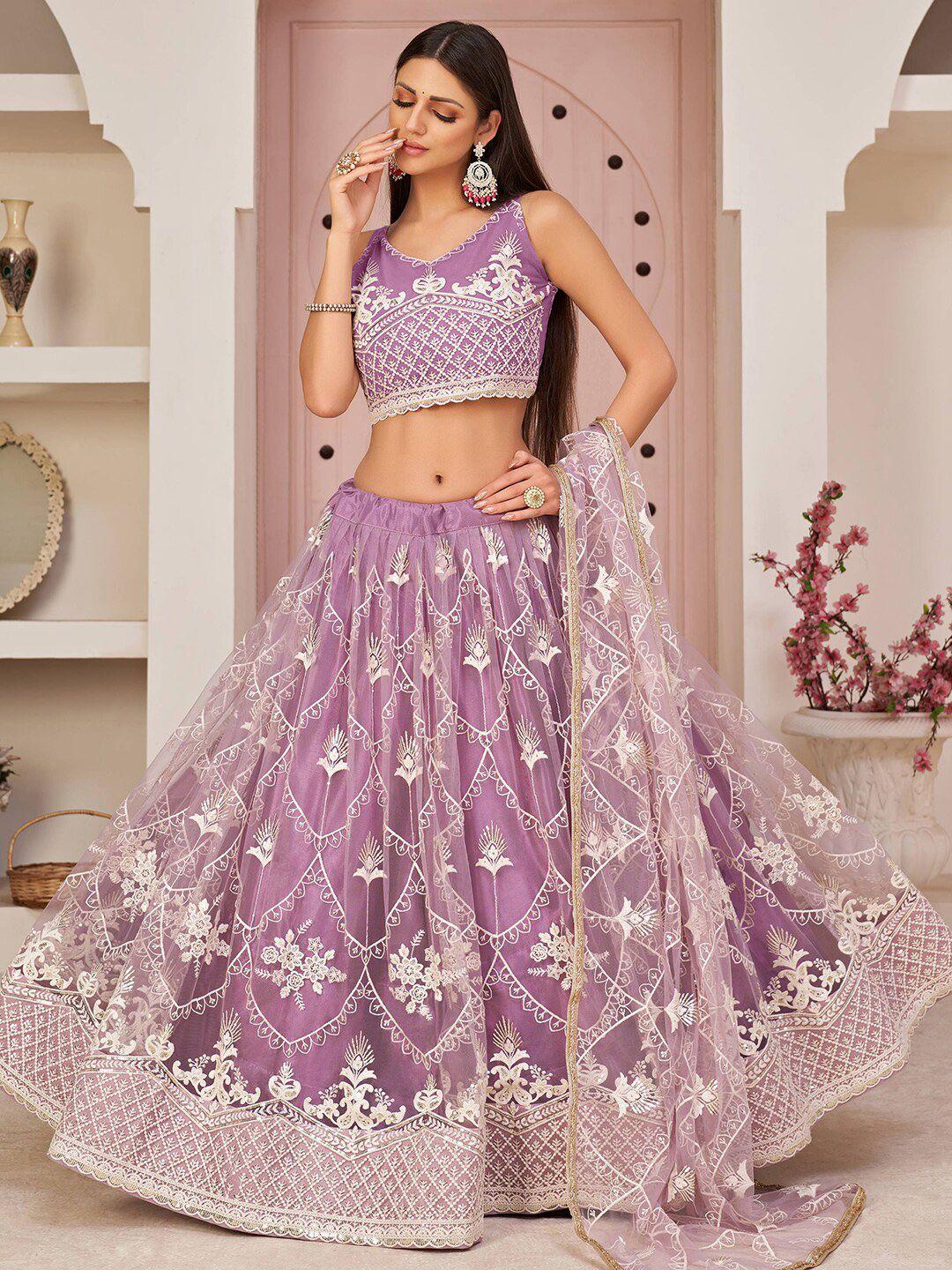 FABPIXEL Purple & White Embroidered Thread Work Semi-Stitched Lehenga & Unstitched Blouse With Dupatta