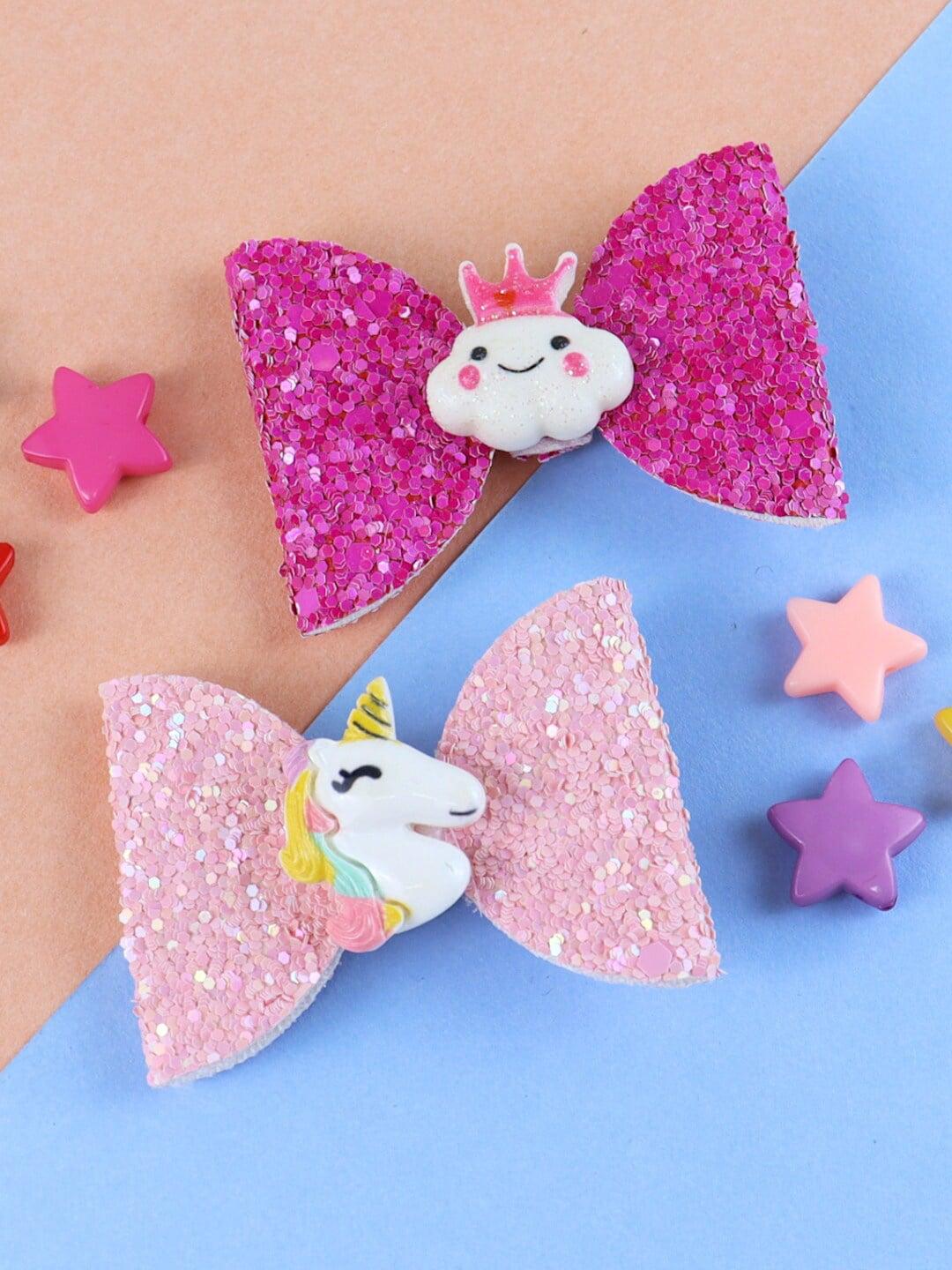 asthetika-kids-girls-pink-&-white-set-of-2-unicorn-charm-glitter-hair-clip