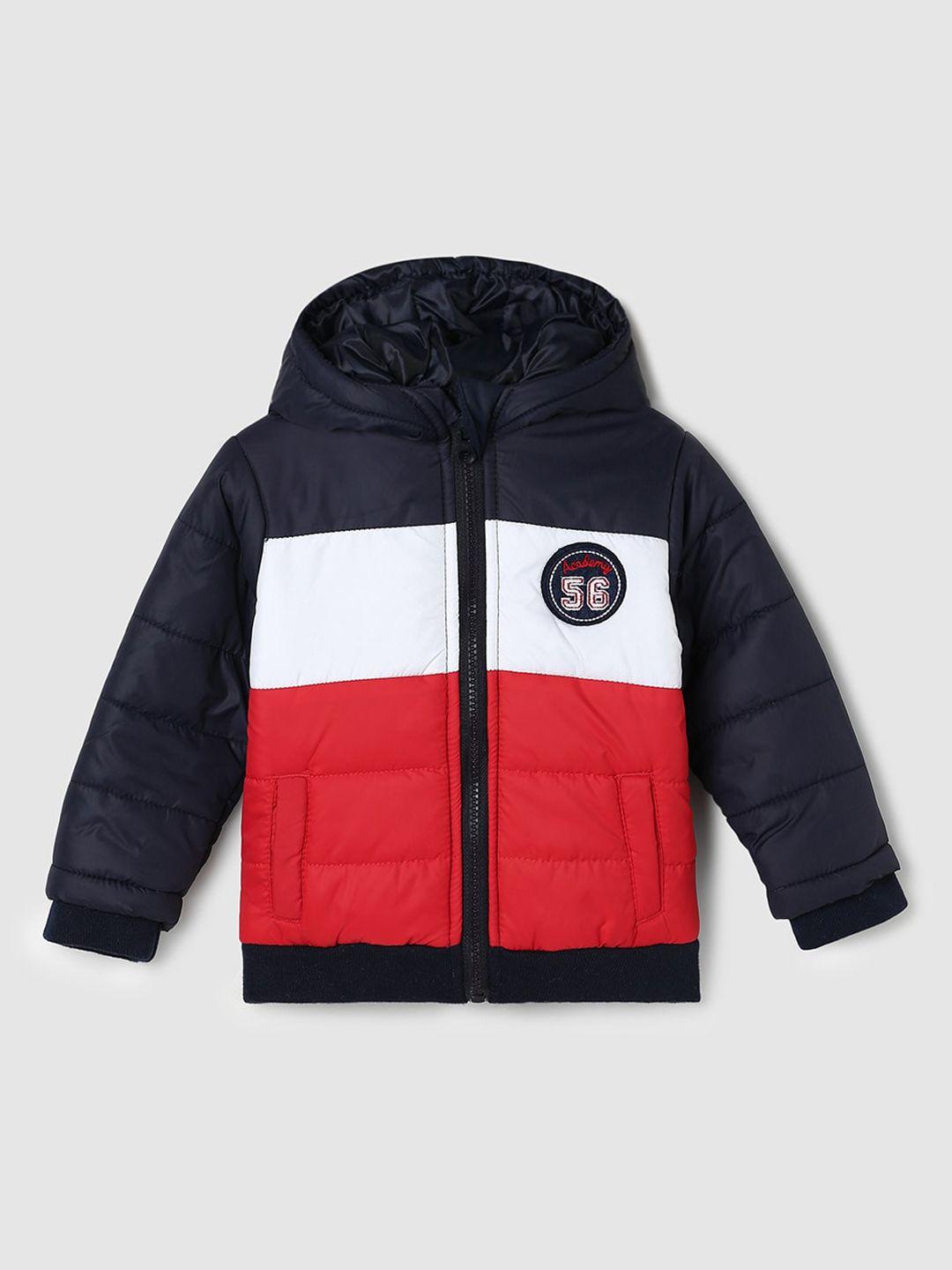 max Boys Black & Red Colourblocked Hooded Puffer Jacket with Patchwork