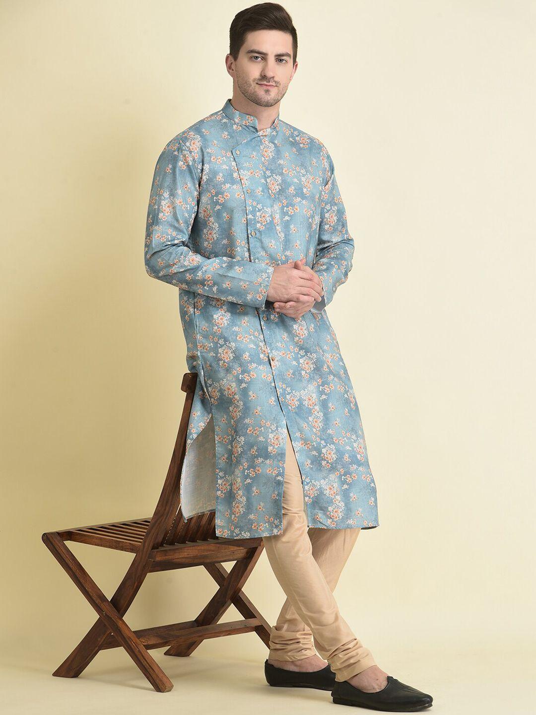 tabard-men-floral-printed-angrakha-pure-cotton-kurta-with-pyjama-set