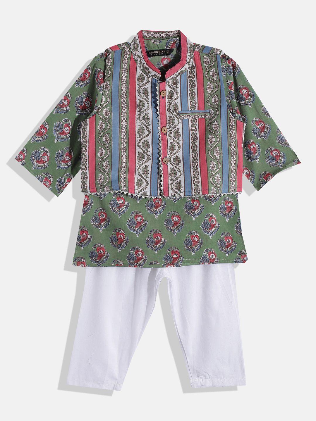 readiprint-fashions-boys-green-floral-printed-gotta-patti-pure-cotton-kurta-with-pyjamas