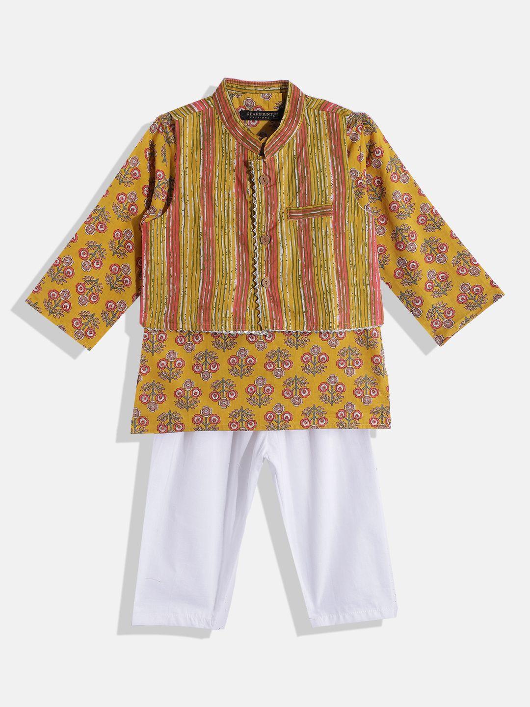 readiprint-fashions-boys-yellow-floral-printed-gotta-patti-pure-cotton-kurta-with-pyjamas