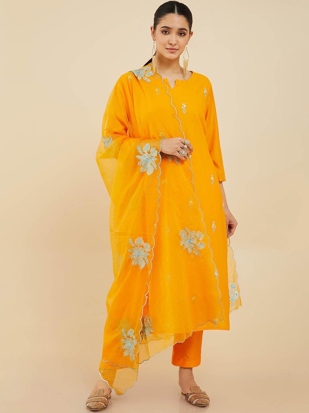 Soch Floral Sequinned Round Neck Kurta with Trousers & Dupatta