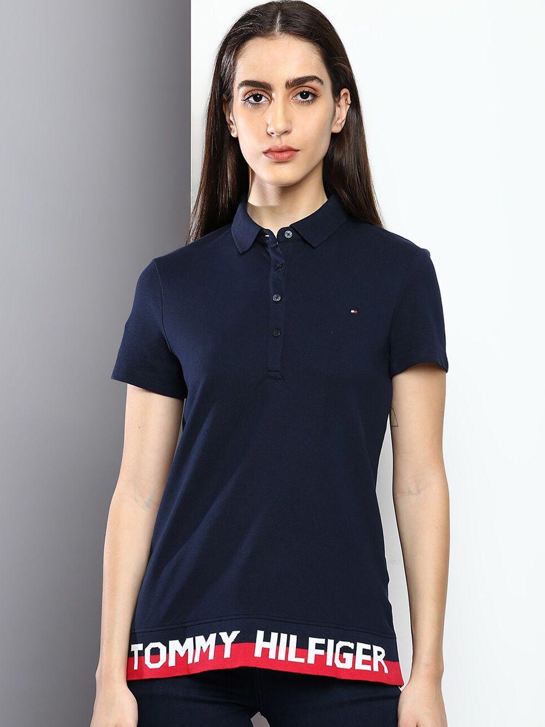 Tommy Hilfiger Women Navy Blue & White Typography Printed Polo Collar T-shirt