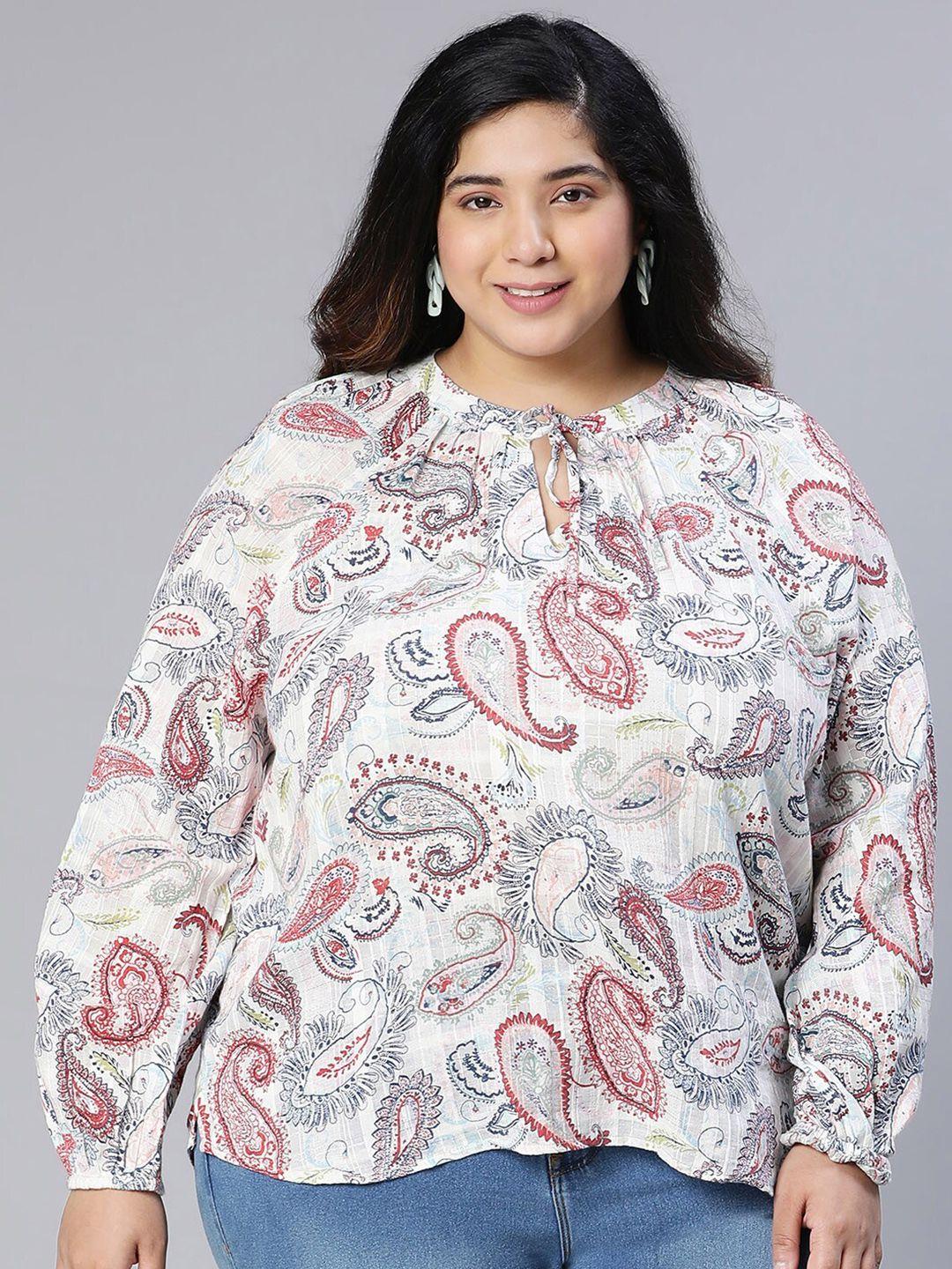 Oxolloxo Plus Size Ethnic Motif Printed Cotton Tie-Up Neck Top