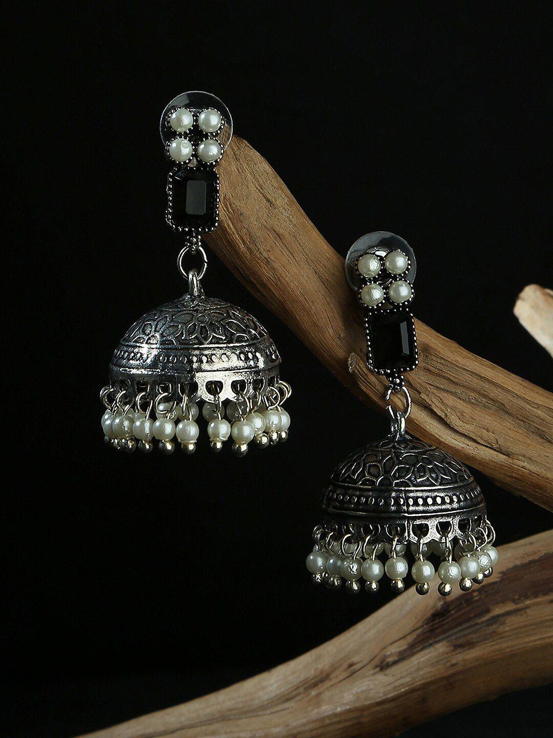 Fida Dome Shaped Silver-Plated Oxidised Jhumkas Earrings