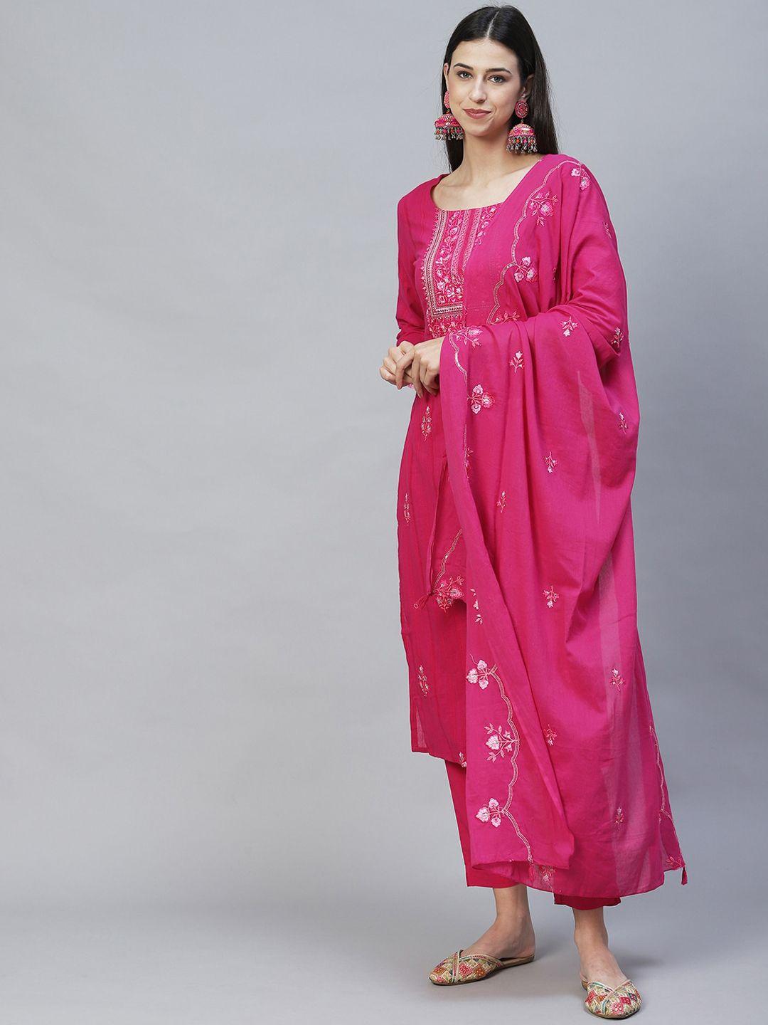 FASHOR Ethnic Motifs Embroidered Pure Cotton Kurta with Trousers & Dupatta