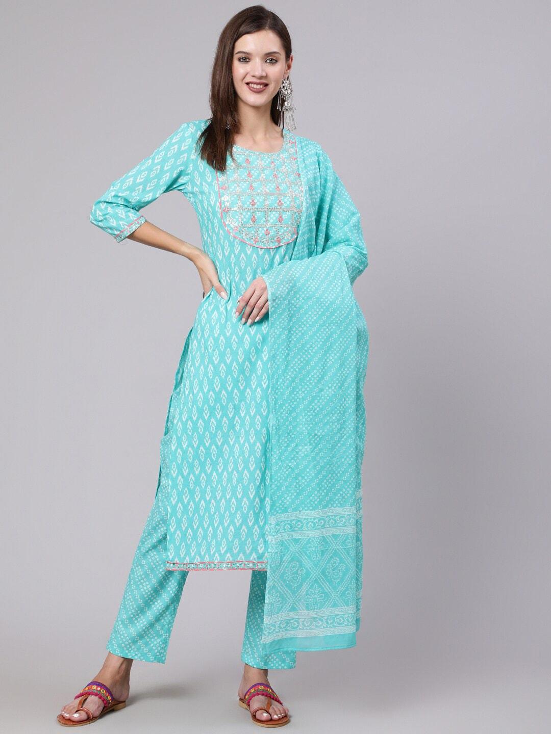 KIMAYRA Ethnic Motifs Printed Sequinned Pure Cotton Kurta with Trousers & With Dupatta