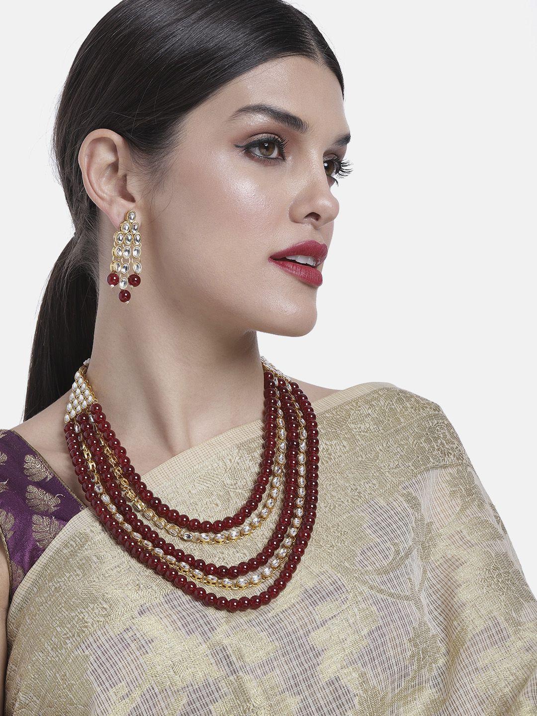 Peora Traditional Gold-Plated Kundan Pearl Multi Layer Necklace & Earrings Jewellery Set