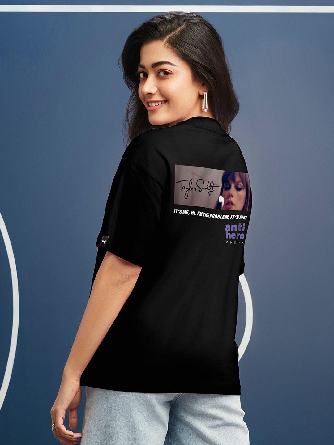 Bewakoof Women Black Printed Drop-Shoulder Sleeves Pure Cotton Oversize T-shirt