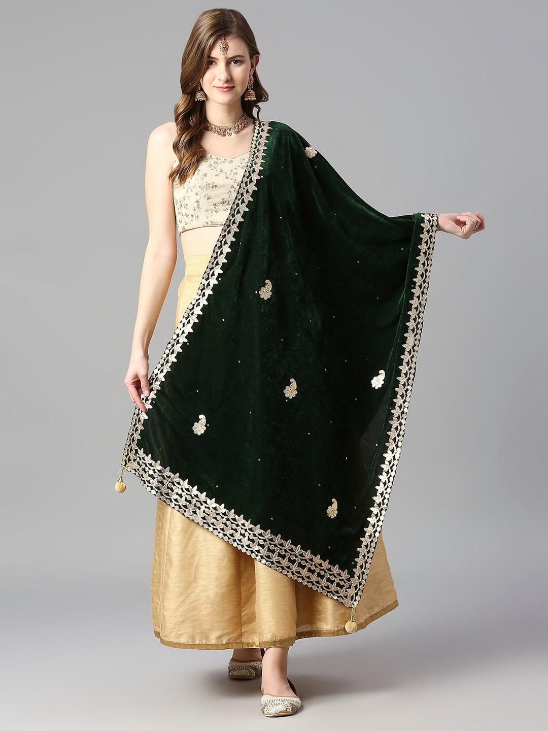 dupatta-bazaar-green-&-gold-toned-ethnic-motifs-embroidered-velvet-dupatta-with-gotta-patti