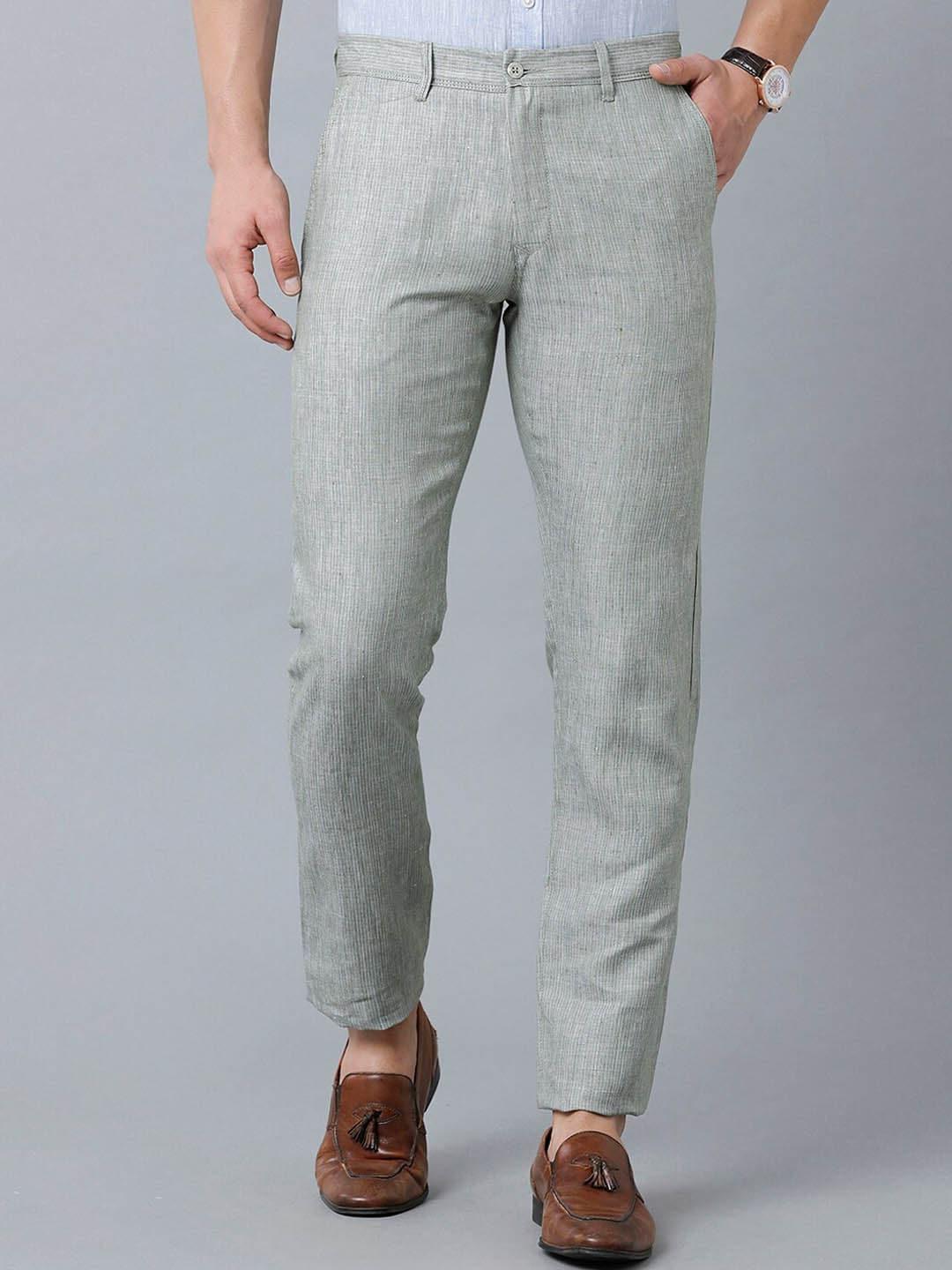 Linen Club Men Striped Pure Linen Slim Fit Sustainable Trouserss