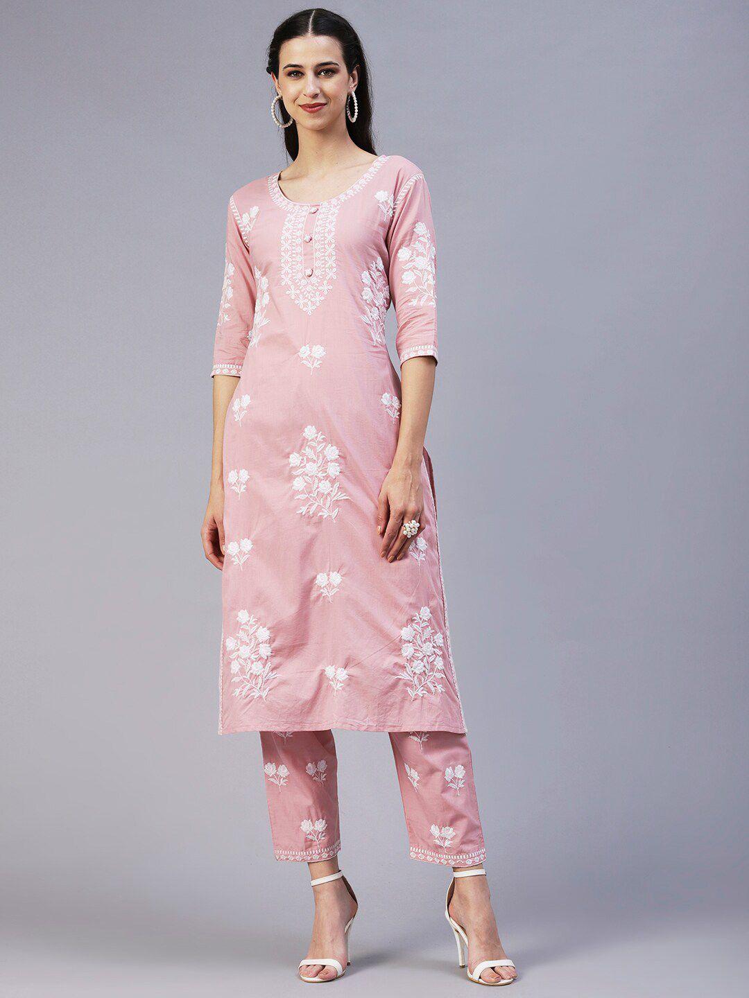 fashor-women-rose-floral-embroidered-thread-work-pure-cotton-kurta-with-trousers