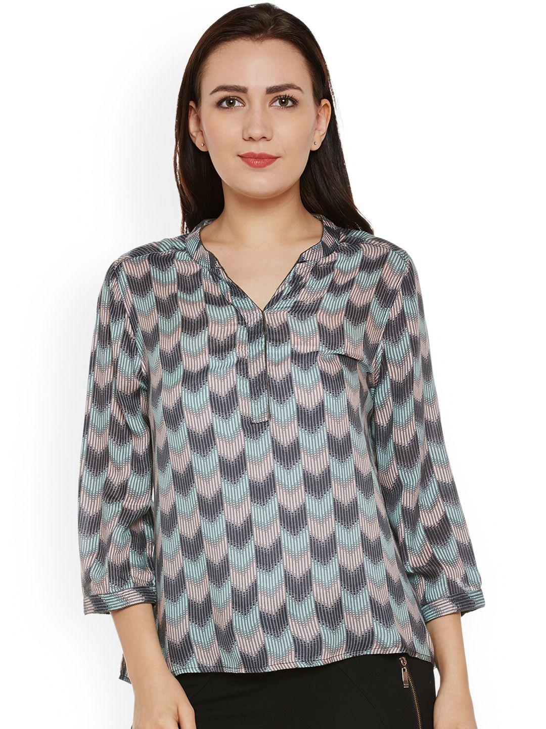 oxolloxo-women-charcoal-grey-&-peach-coloured-printed-top