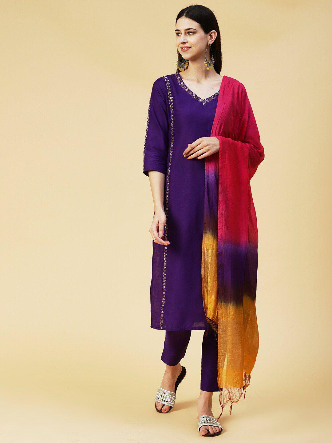 FASHOR Women Floral Embroidered Dupion Silk Kurta with Trousers & Dupatta