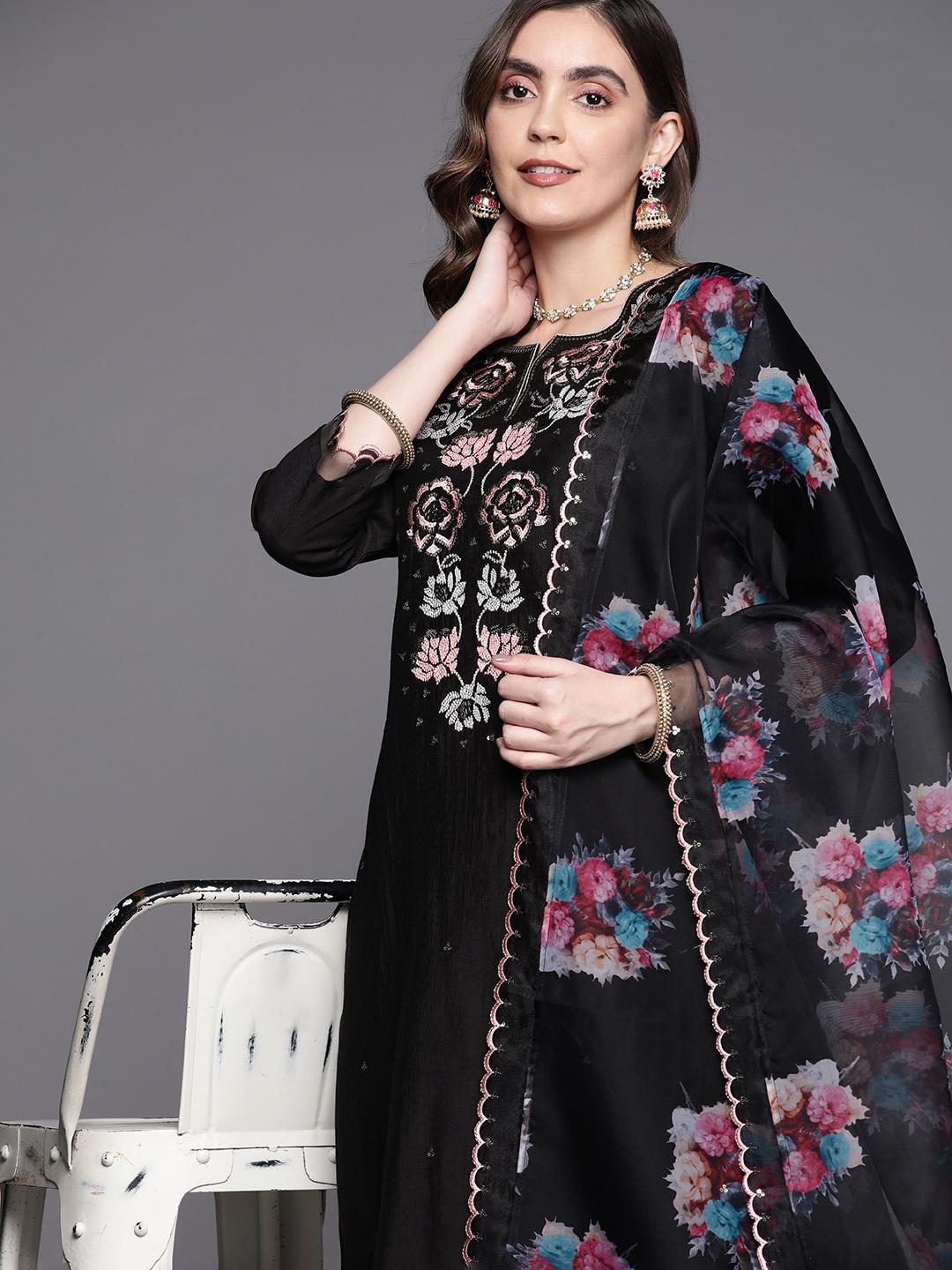 Indo Era Floral Embroidered Thread Work Liva Kurta with Trousers & With Dupatta