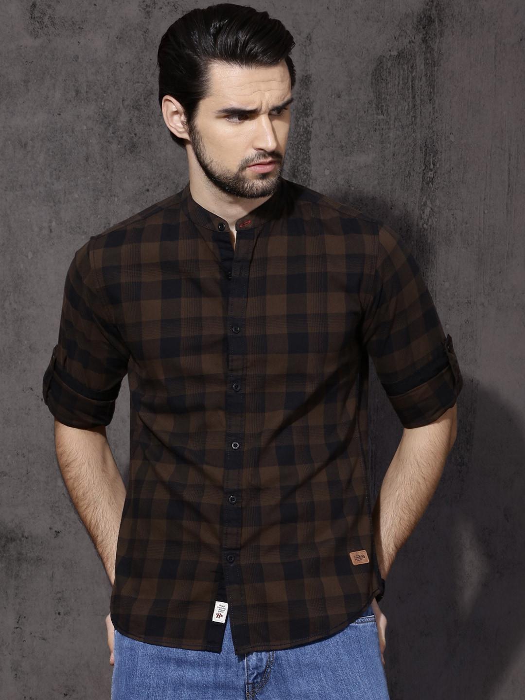roadster-men-brown-&-black-slim-fit-checked-casual-sustainable-shirt