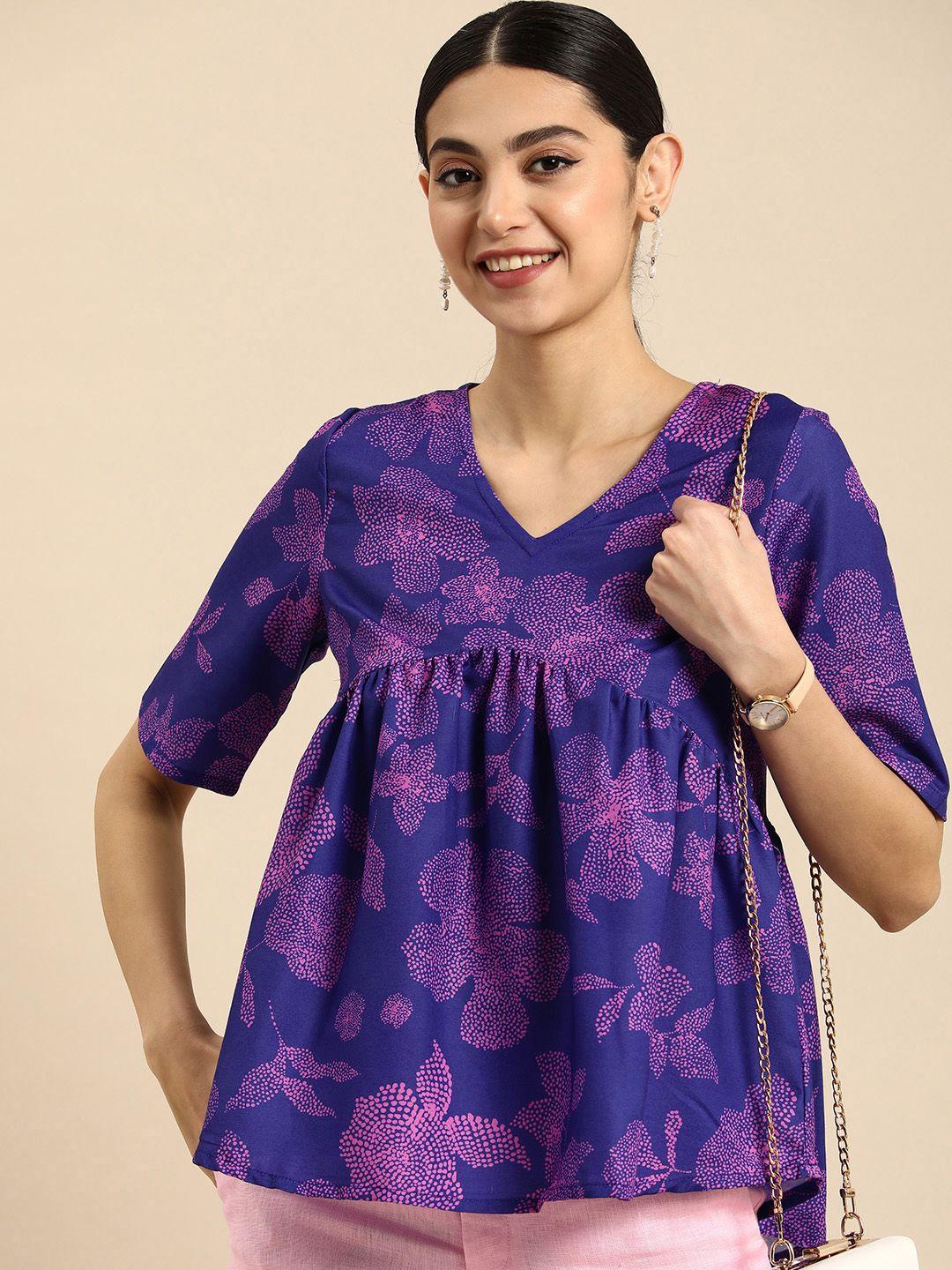 Anouk Navy Floral Print Empire Top Gathered or Pleated Detailing