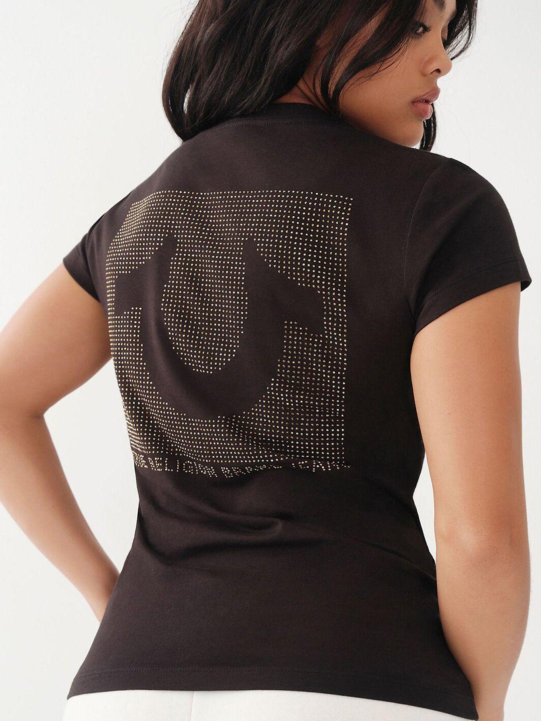 True Religion Women Brand Logo Printed V-Neck Slim Fit Pure Cotton T-shirt