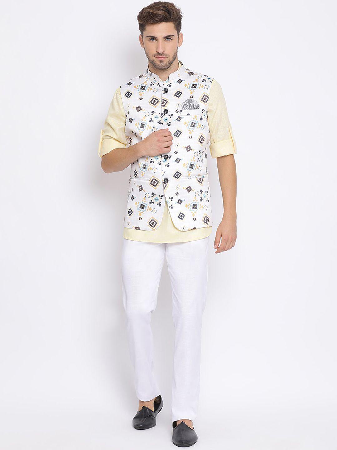 hangup-plus-men-mandarin-collar-straight-kurta-with-pyjamas-&-with-printed-nehru-jacket